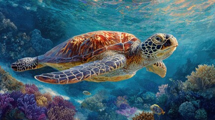 Fototapeta premium Sea turtle in vibrant coral reef