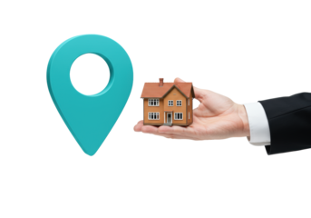 Caucasian hand in white shirt holding a detailed miniature brown two-story house model, centered within a floating teal map pin icon on a plain white background with copy space, concept of property