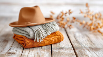 Autumnal Fashion Accessories Beige and Orange Knitwear with Brown Hat on Rustic Wood