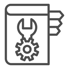 Book with wrench, mechanism gear line icon, user manual concept, guide with bookmarks vector sign on white background, outline style icon for mobile concept and web design. Vector graphics.