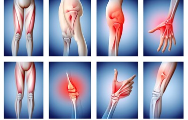 Medical illustration of various body parts with highlighted pain areas