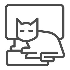 Computer, keyboard and cat line icon, leisure time concept, pet relax near PC monitor vector sign on white background, outline style icon for mobile concept and web design. Vector graphics.