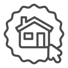 Sticker with house and mouse pointer line icon, work from home concept, remote job vector sign on white background, outline style icon for mobile concept and web design. Vector graphics.