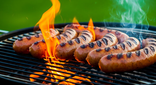 Juicy sausages sizzling and charring on a hot grill with flames