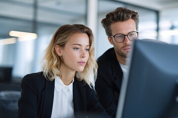 Blonde woman in business attire, man in glasses, computer screen.