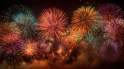 Fototapeta premium Vibrant Fireworks Display Lighting Up the Night Sky with a Colorful Explosion of Bright Patterns and Sparkling Lights in a Celebratory Atmosphere