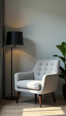 Modern living room, gray armchair, black lamp Neutral Japandi style, textured wall, plant , calm, black, modern
