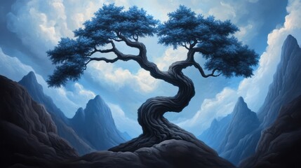 Majestic twisted tree under dramatic clouds and mountains in serene landscape setting