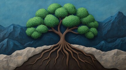 Vibrant Artistic Tree with Lush Green Foliage and Deep Roots against a Mountainous Background