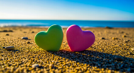 Fototapeta premium Two heart shaped objects on a sandy beach with ocean background