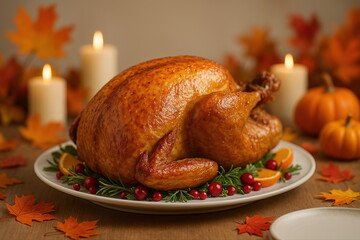 Thanksgiving Feast Display with Roast Turkey, Candles, and Autumn Leaves for Seasonal Celebration Dining