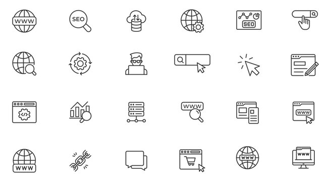 Website line icon set. Containing web design, internet, content, SEO, hosting, blog, homepage, e-commerce line icon collection set.