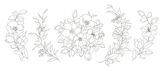 Hand drawn floral compositions in line art style. Elegant frame of flowers, stems and leaves. Trendy botanical elements. Vector illustration for logo or tattoo, save the date card, wedding invitation