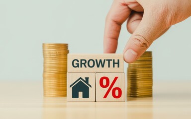 Conceptualization of growth and financial success with building and percentage symbols on wooden blocks.