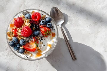 Healthy yogurt bowl with berries, granola, chia seeds and honey served in glass dish. Breakfast background. Diet. Fitness. Morning food. Müsli and nuts. Greek yogurt with jam.