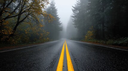 Asphalt road through the misty forest with yellow dividing lines