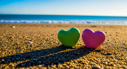 Two heart shaped valentines day candies on a sandy beach at sunset
