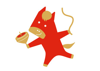 年賀用/コマで遊ぶシンプルな赤い馬のキャラクターイラスト