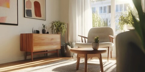 A modern living room with sunlit seating area and wooden furniture, featuring a coffee table and potted plant.