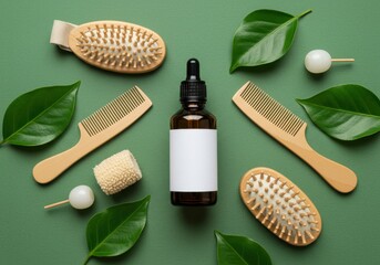 Natural hair care products and tools arranged artfully