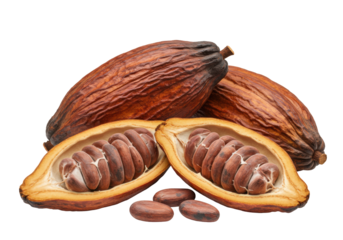 Prominent split cocoa pod revealing glossy roasted dark brown beans in foreground, with two intact dried reddish-brown pods behind, on a transparent shadowless isolated background. Concept of