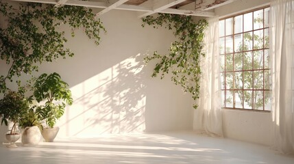 Fototapeta premium Studio mockup with white walls and natural sunlight and green leaves.