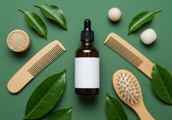 Natural hair care products and tools arranged on a green background