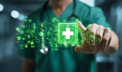 A medical doctor wearing a green uniform and holding a stethoscope is touching a virtual screen hologram displaying a plus symbol and health icons.