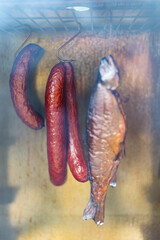 trout hanging on a hook in a smokehouse already smoked to golden brown. The fish is followed by sausages. Smoke passes around the fish in the smokehouse. ideal photo suitable for gastronomy