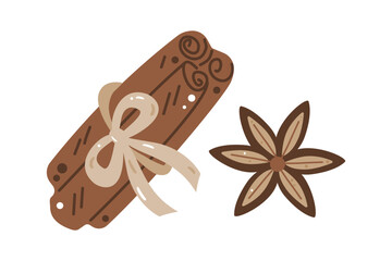Cinnamon stick tied with ribbon and star anise. Perfect for autumn spices, cooking, and festive themes.