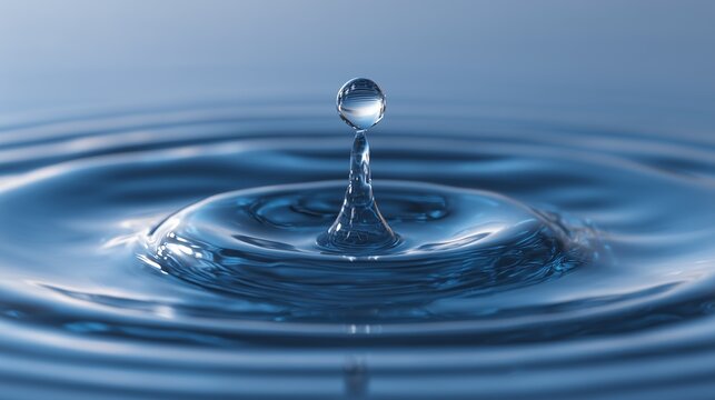 Close-up of a blue water droplet impacting a smooth blue surface with ripples