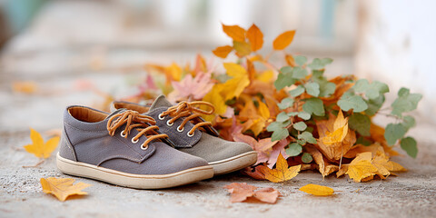 Child's Gray Shoe with Orange Laces Next to Multicolored Autumn Leaves on Weathered Wood