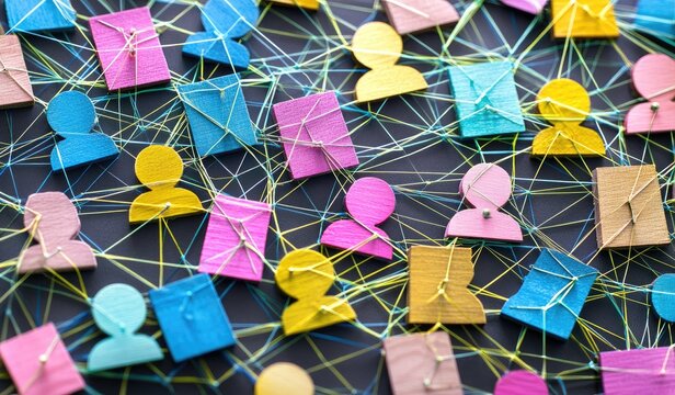 Colorful person icons connected by threads on a dark background