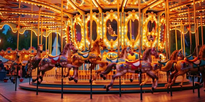 Bright carousel with horses at amusement park in evening