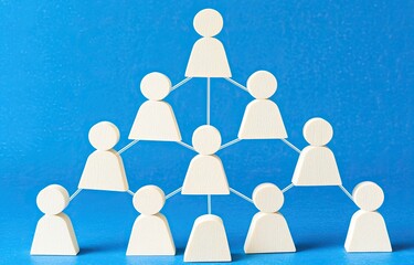 White figures linked in a hierarchical structure on blue background