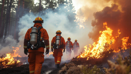 Firefighters Battling a Wildfire in a Hilly Landscape