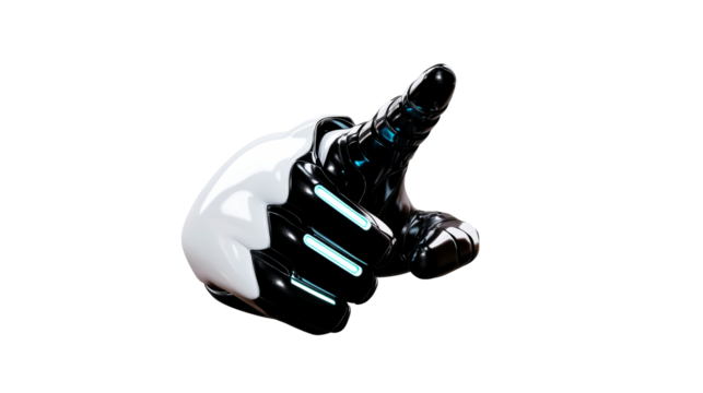 A sleek, modern robotic hand displays a thumb up gesture