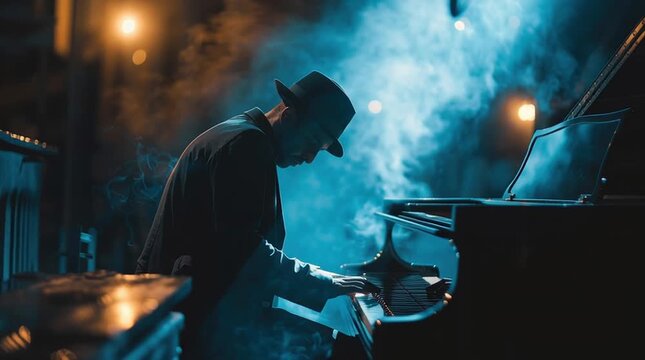 Jazz musician playing piano in moody blue lighting