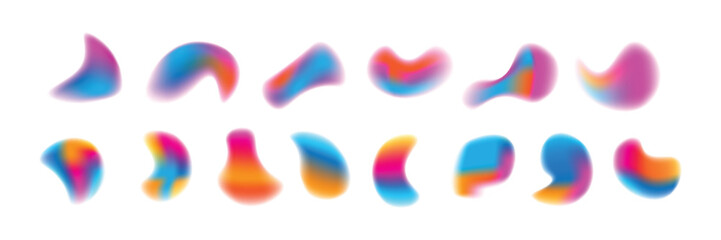 Set of defocused soft color gradient circles for creative graphic. Gradient aura, grain neon blob with noise effect vector illustration. Abstract color watercolor blur mesh shape on white background.