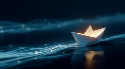 White Paper Boat Sailing on Glowing Digital Data Streams