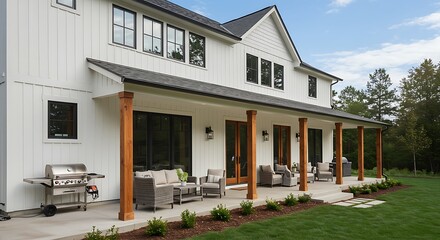 Exterior of a large contemporary farmhouse home white siding large front veranda porch with chairs and table wicker furniture bbq smoker electric heater gas fire place sunny and landscaped yard