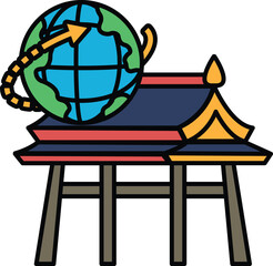 A cartoon drawing of a globe and a building with a red roof