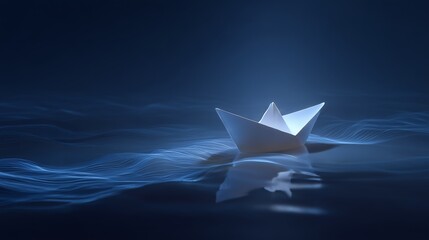 White Paper Boat Sailing on Glowing Digital Sea
