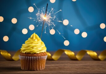 Sparkler ignites above a festive yellow cupcake with golden ribbon
