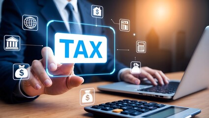 E-tax, Businessman show TAX for Individual income tax return form online for tax payment concept. Government, state taxes. Data analysis, paperwork, financial research, report. Calculation tax return.