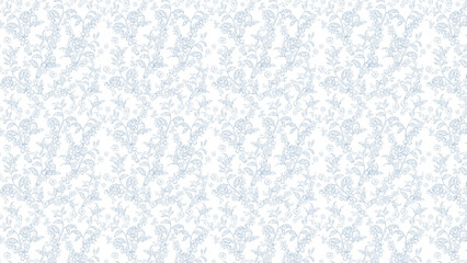 Delicate floral pattern with light blue vines and leaves on a white background design surface