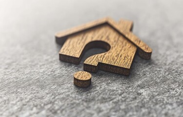 Wooden house-shaped symbol with question mark, resting on a gray surface