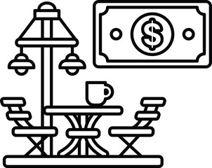 A black and white drawing of a restaurant with a $20 bill on the wall