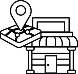 A black and white drawing of a store with a map of the area above it