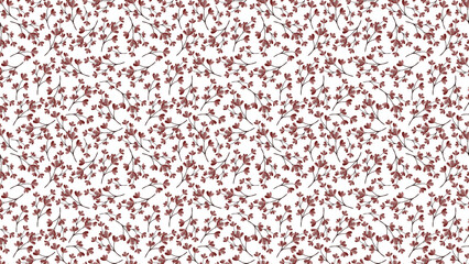 A repeating pattern of small red flowers on thin branches against a white background surface design